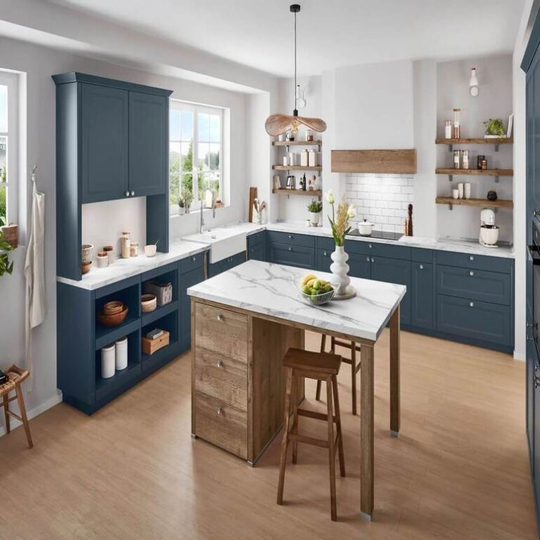 Küchenmontage: Dunkelblaue Landhausküche Küche im Landhausstil in Dunkelblau mit Marmor-Kochinsel, Holzregalen und Barhockern